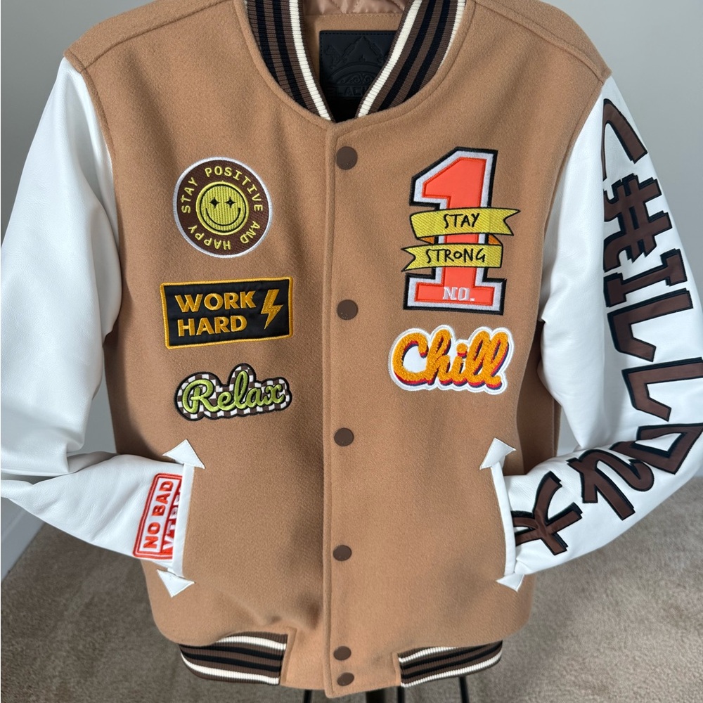 PacSun Tan and White Varsity Jacket